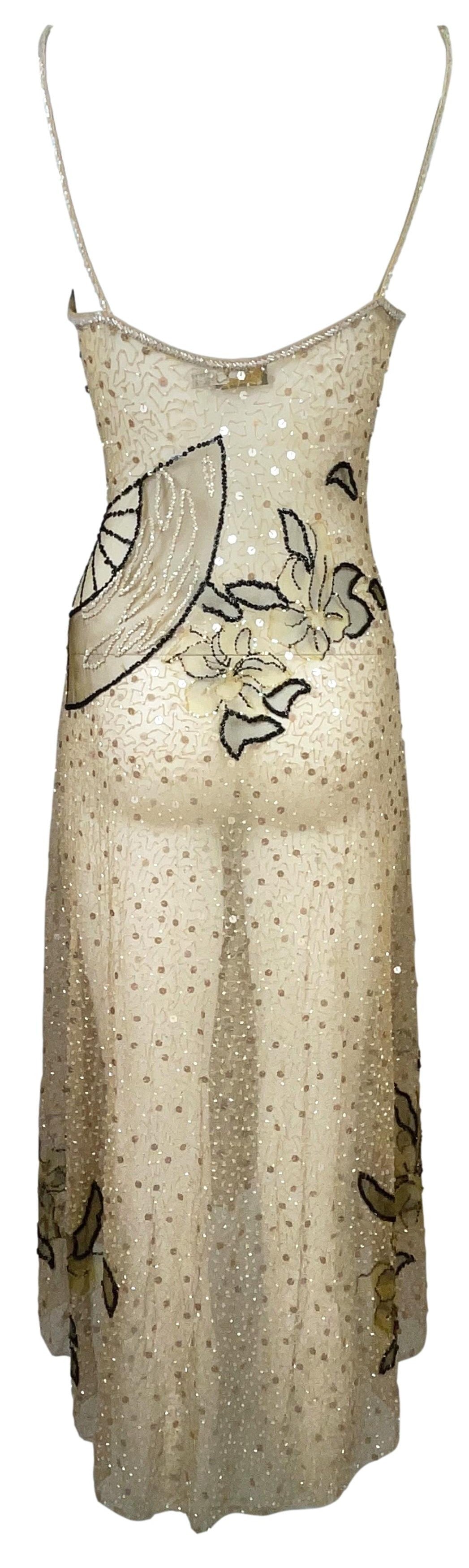 1990's Fendi by Karl Lagerfeld Sheer Nude Mesh Japanese Fan Beaded Embellished Dress
