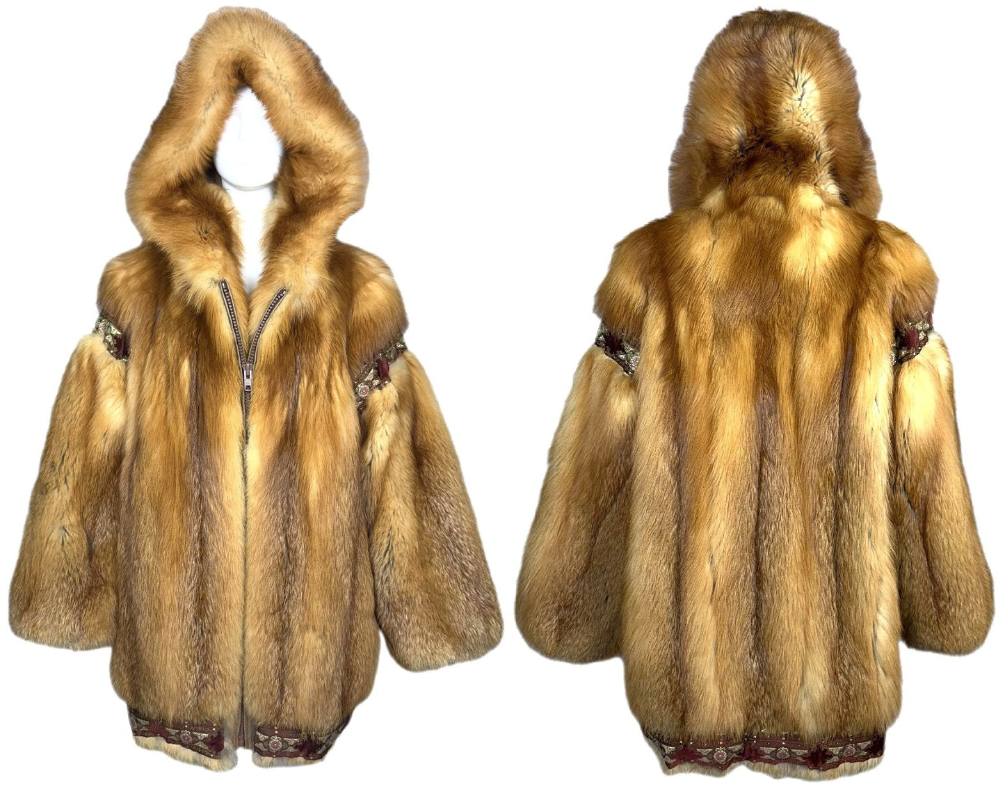 Vintage 1990's Karl Lagerfeld Red Fox Fur Bohemian Boho Trim Hooded Coat Jacket