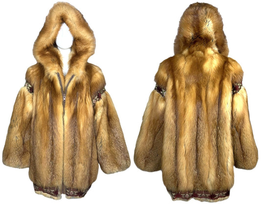 Vintage 1990's Karl Lagerfeld Red Fox Fur Bohemian Boho Trim Hooded Coat Jacket