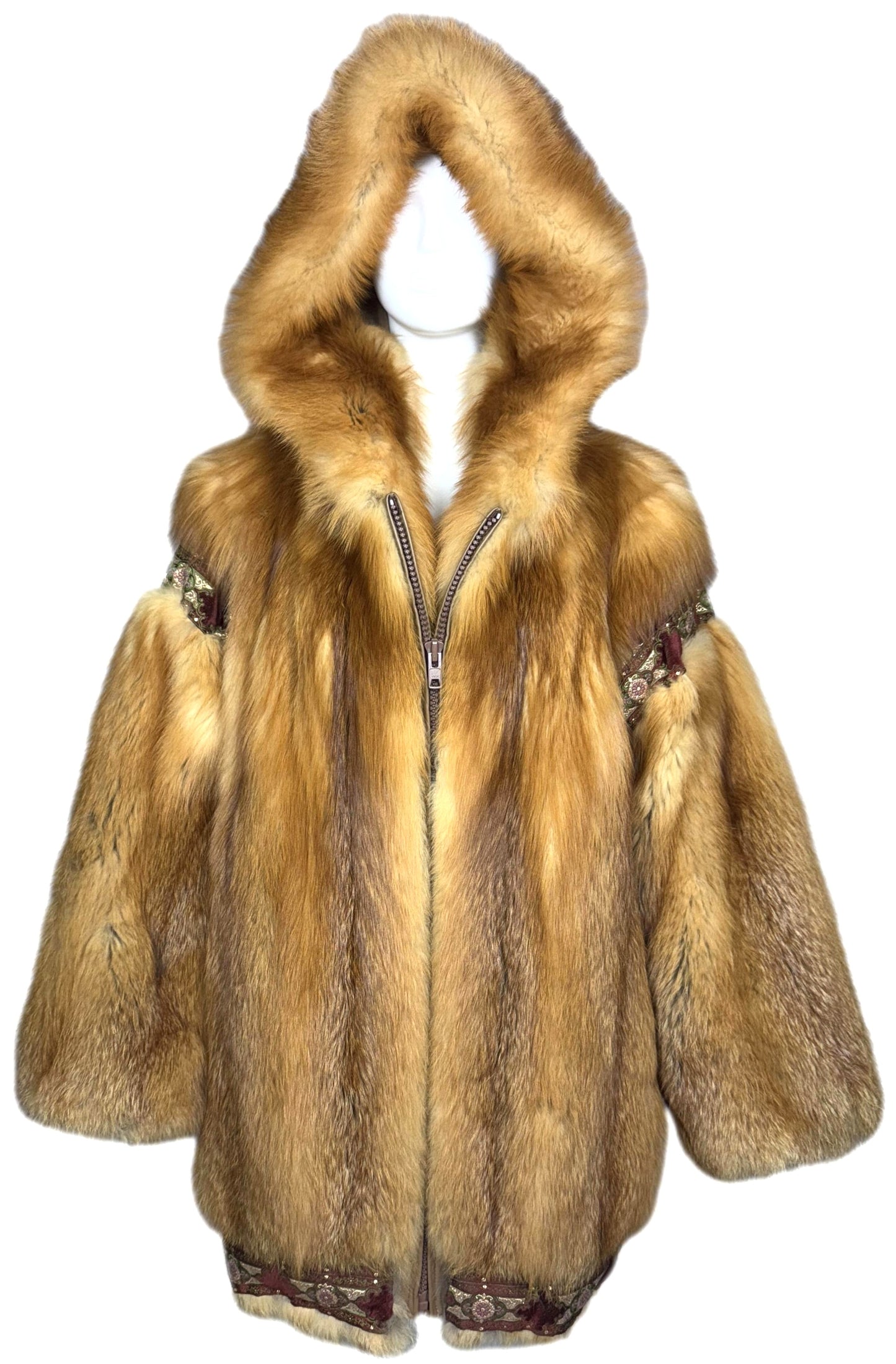 Vintage 1990's Karl Lagerfeld Red Fox Fur Bohemian Boho Trim Hooded Coat Jacket