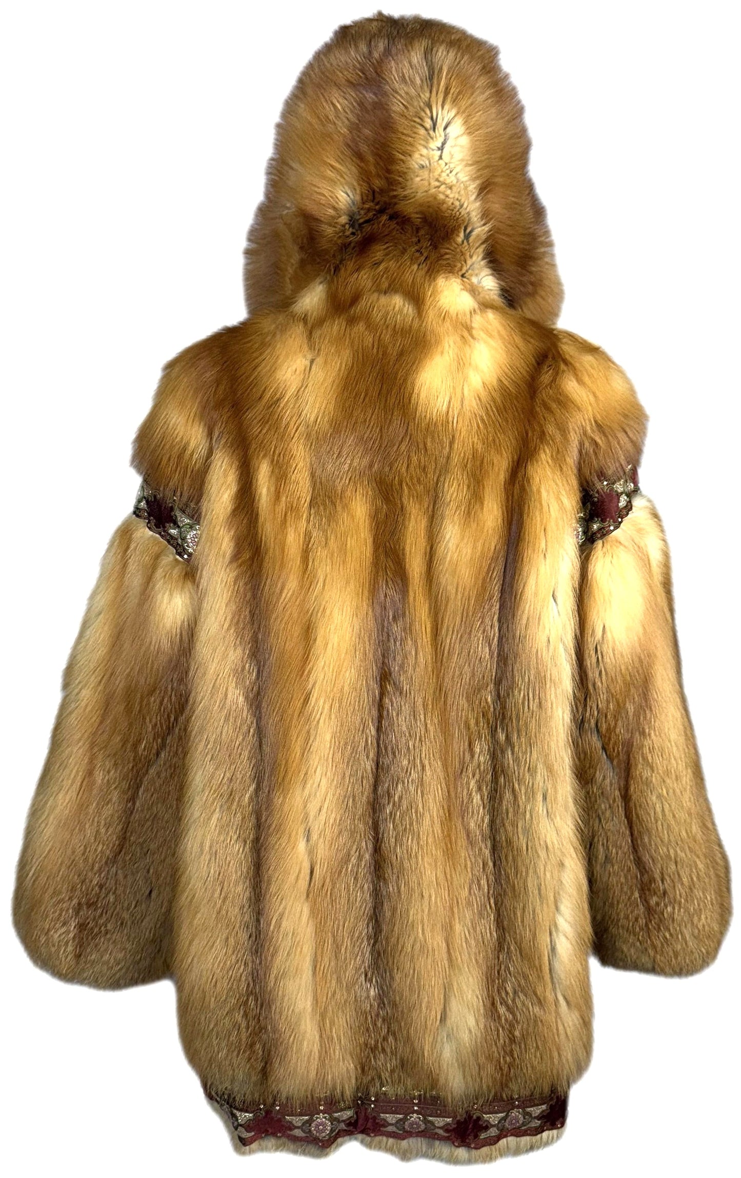 Vintage 1990's Karl Lagerfeld Red Fox Fur Bohemian Boho Trim Hooded Coat Jacket