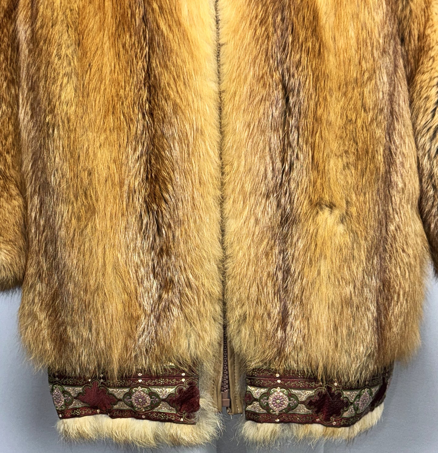 Vintage 1990's Karl Lagerfeld Red Fox Fur Bohemian Boho Trim Hooded Coat Jacket