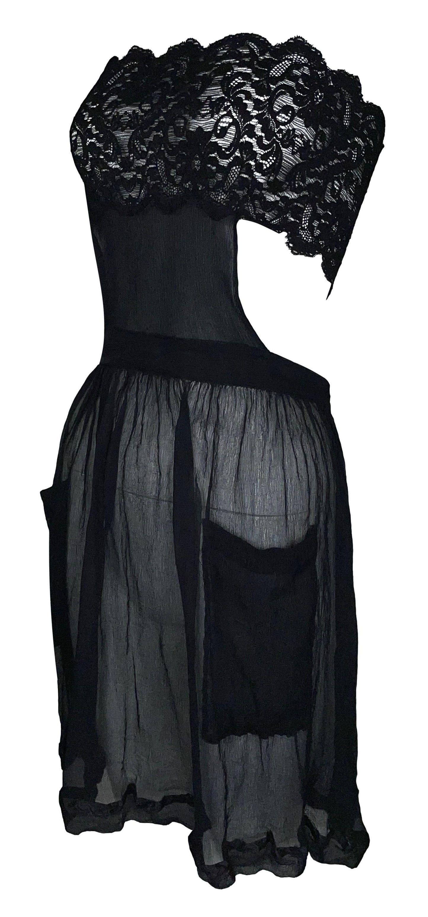 1990's Jean Paul Gaultier Sheer Black Lace & Silk Off Shoulder Apron Mini Dress