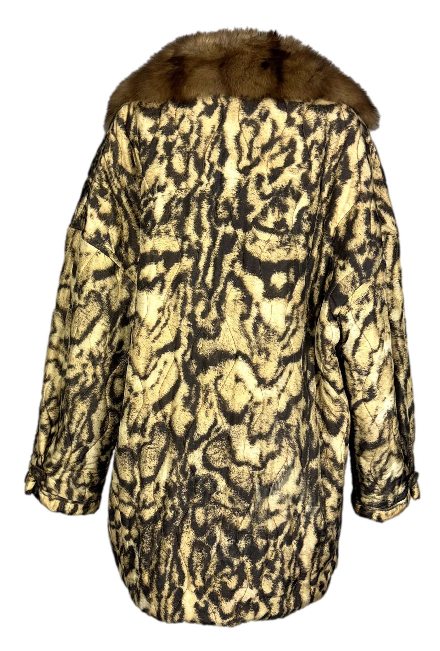 1990's Gianfranco Ferre Fur Print Puffer Coat Jacket w Sable Fur Collar