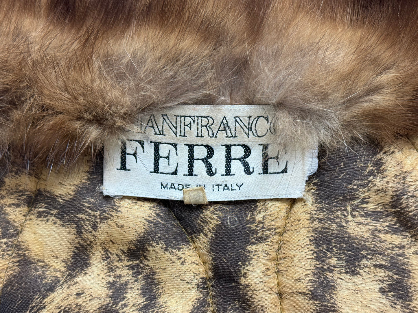 1990's Gianfranco Ferre Fur Print Puffer Coat Jacket w Sable Fur Collar