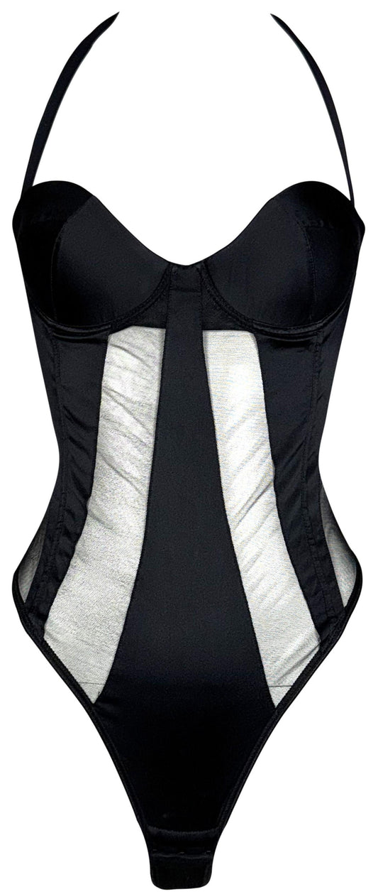 Vintage 1990's Gianfranco Ferre Sheer Pin-Up Black Mesh Striped Bustier Bodysuit Swimsuit Top