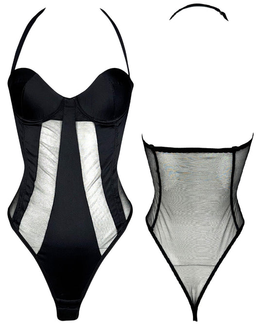 Vintage 1990's Gianfranco Ferre Sheer Pin-Up Black Mesh Striped Bustier Bodysuit Swimsuit Top