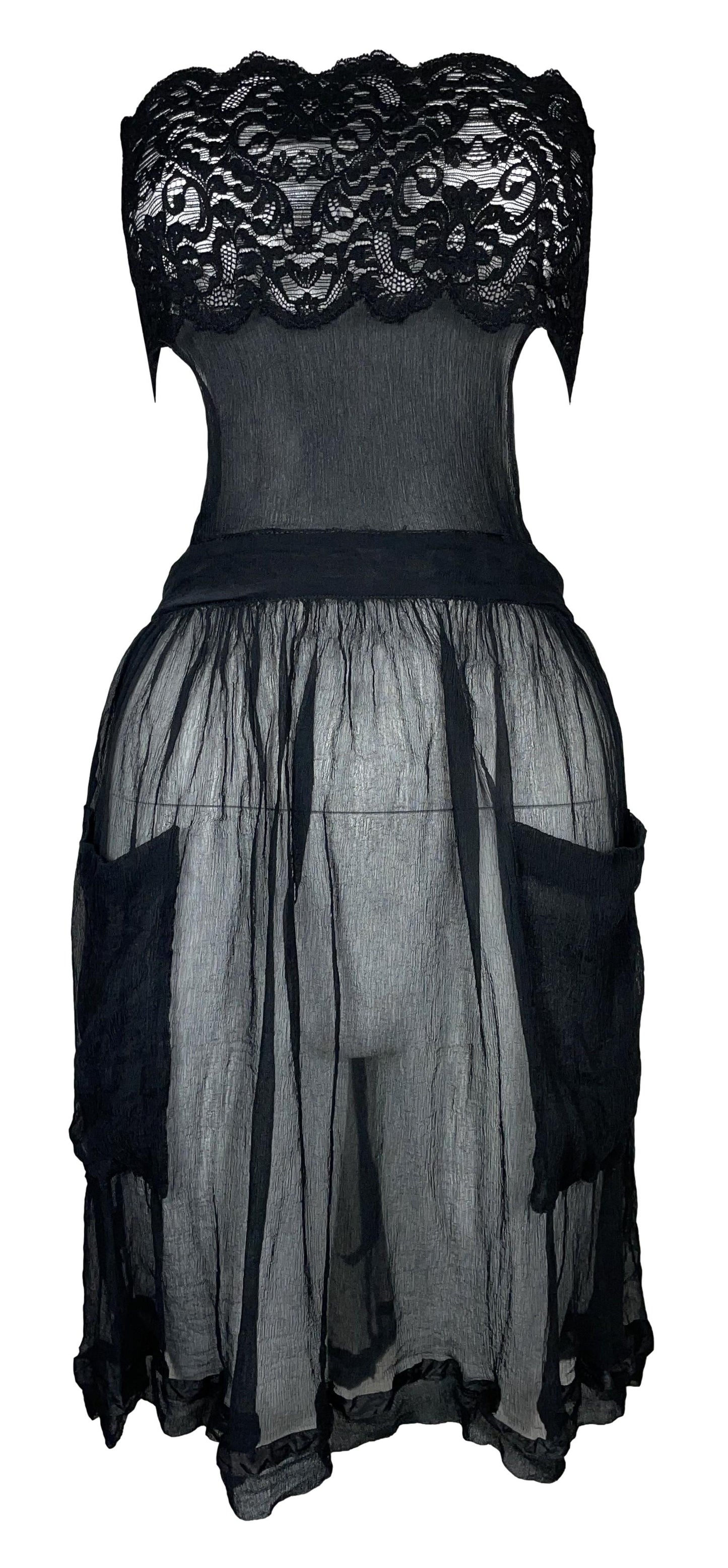 1990's Jean Paul Gaultier Sheer Black Lace & Silk Off Shoulder Apron Mini Dress
