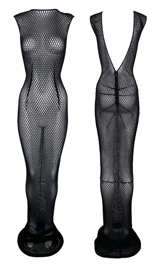 Vintage 1990's Dolce & Gabbana Sheer Black Fishnet Plunging Mermaid Wiggle Extra Long Gown Dress