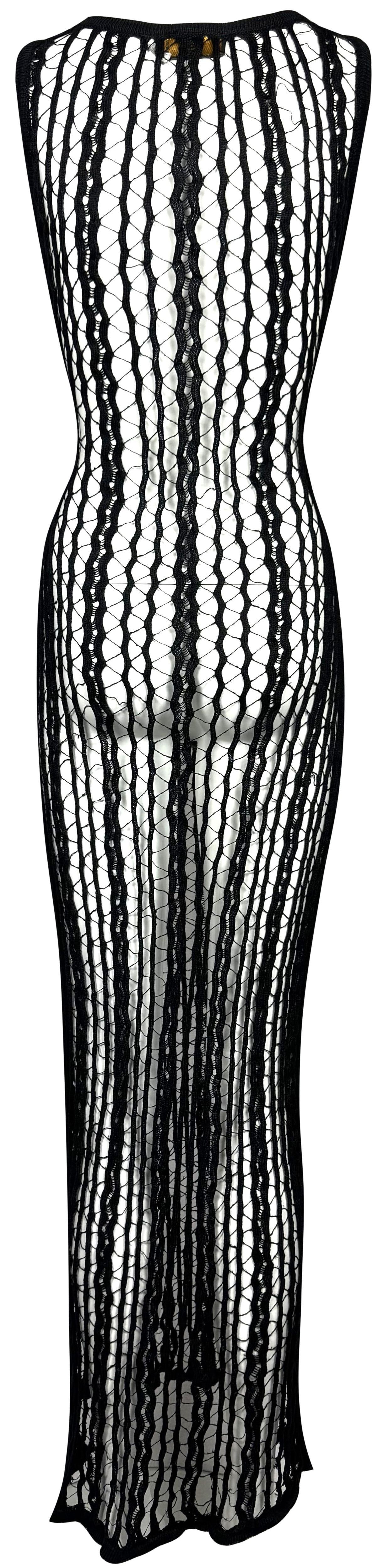 Vintage 1990's Fendi by Karl Lagerfeld Sheer Black Knit Fishnet Wiggle Bodycon Maxi Dress