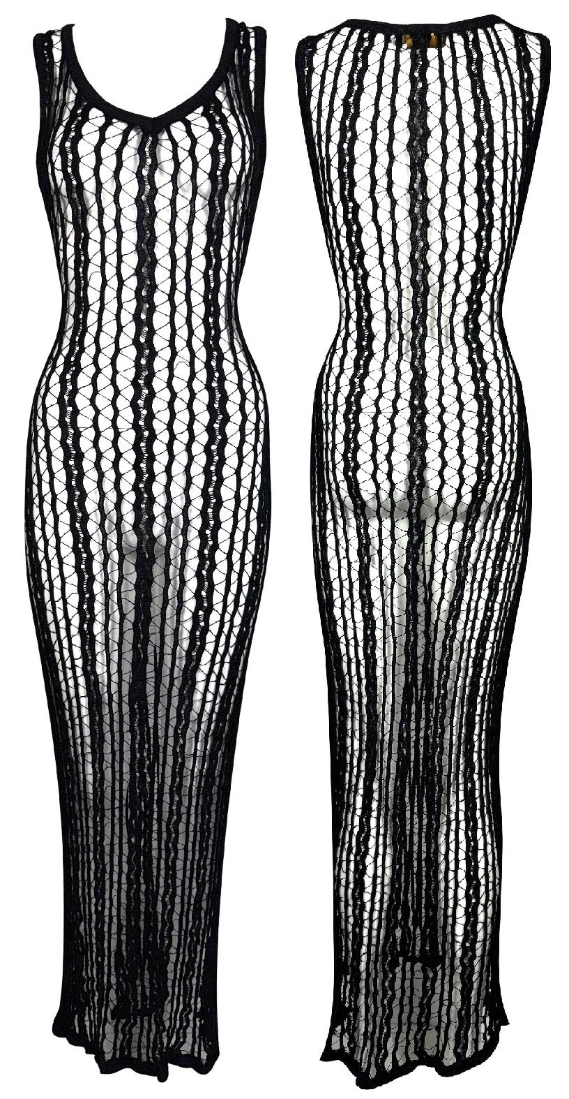Vintage 1990's Fendi by Karl Lagerfeld Sheer Black Knit Fishnet Wiggle Bodycon Maxi Dress
