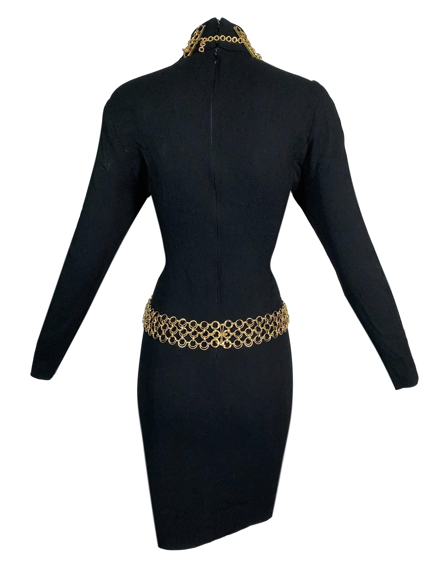 F/W 1990 Chanel by Karl Lagerfeld Runway Gold Body Chain Jewelry Necklace & Black Mini Dress Set