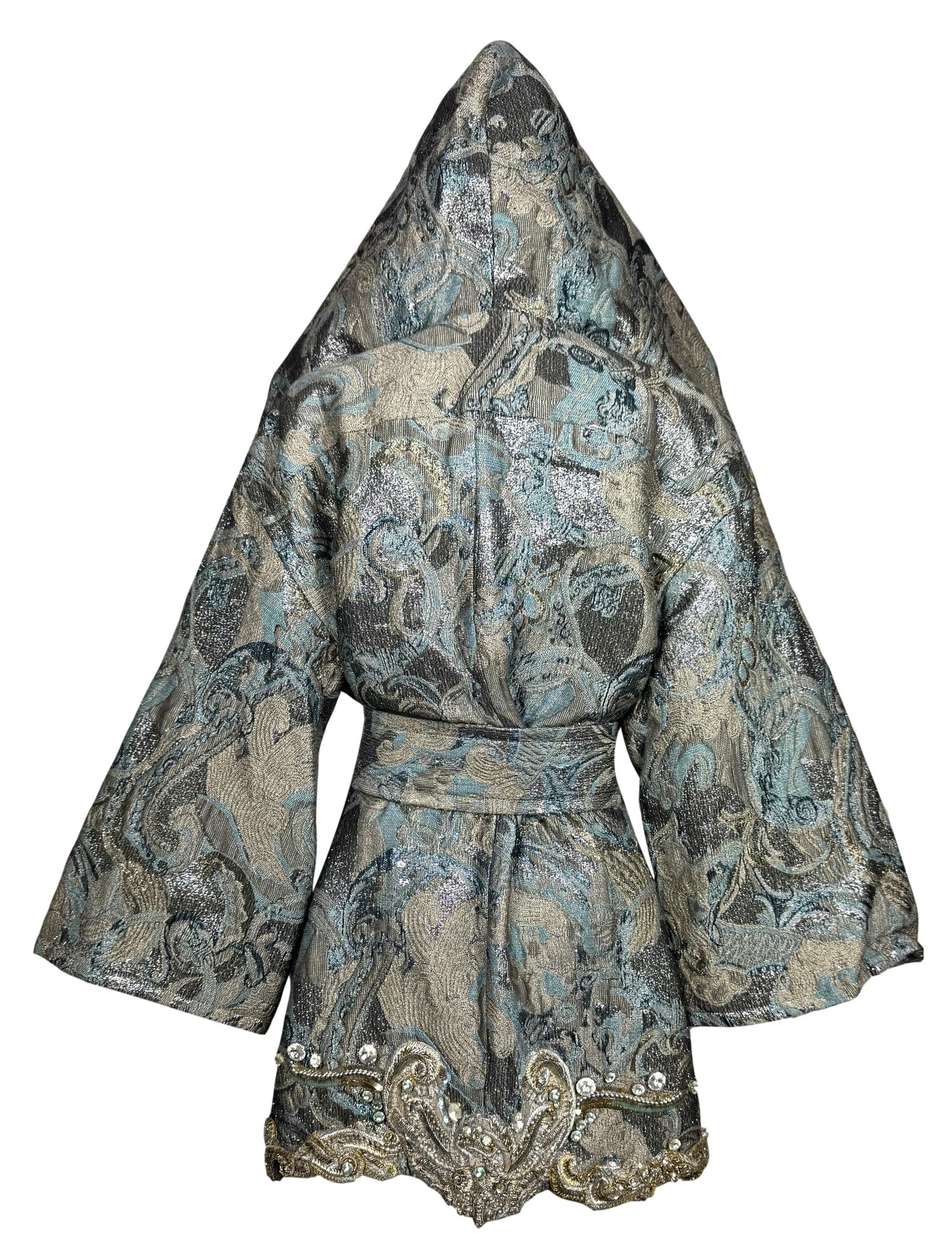 F/W 1990 Gianfranco Ferre Runway Blue & Silver Crystal Embroidered Hooded Kimono Coat