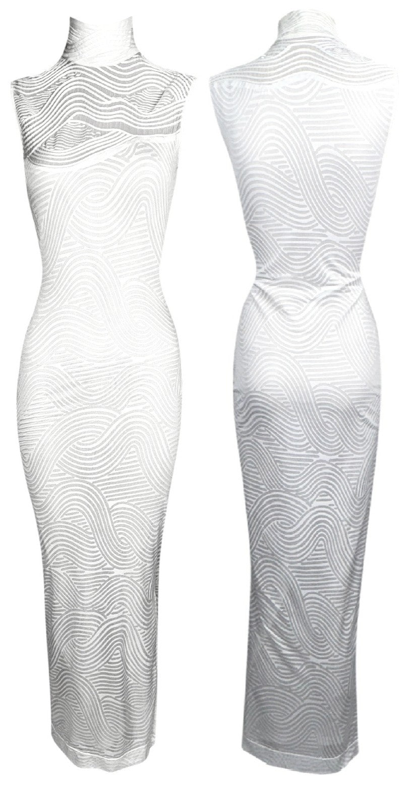 1990's Gianfranco Ferre Sheer Ivory Turtleneck Sleeveless Bodycon Cheongsam Maxi Dress