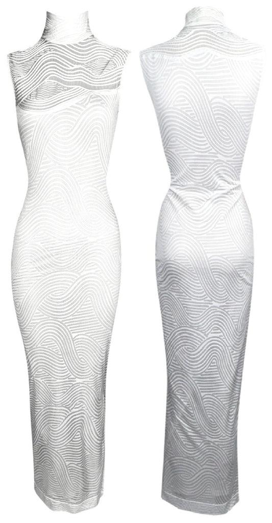 1990's Gianfranco Ferre Sheer Ivory Turtleneck Sleeveless Bodycon Cheongsam Maxi Dress