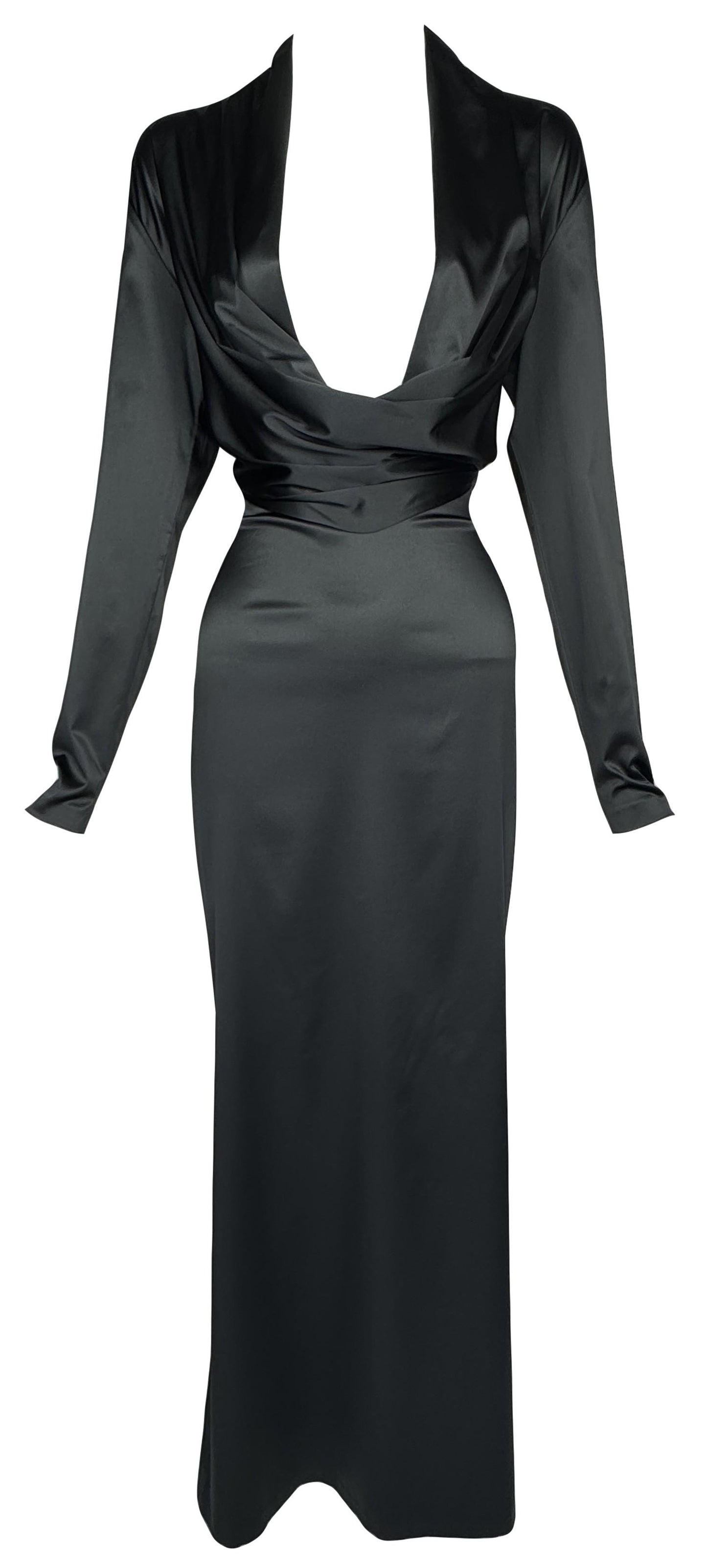 Vintage 1990's Alexander McQueen Black Stretch Satin L/S Plunging Maxi Gown Dress