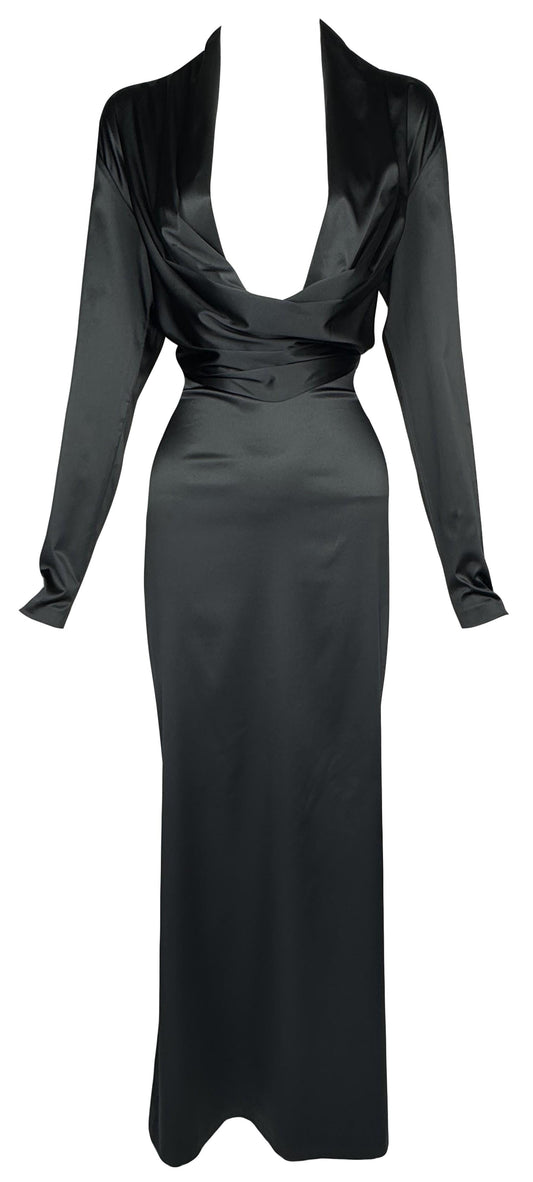 Vintage 1990's Alexander McQueen Black Stretch Satin L/S Plunging Maxi Gown Dress