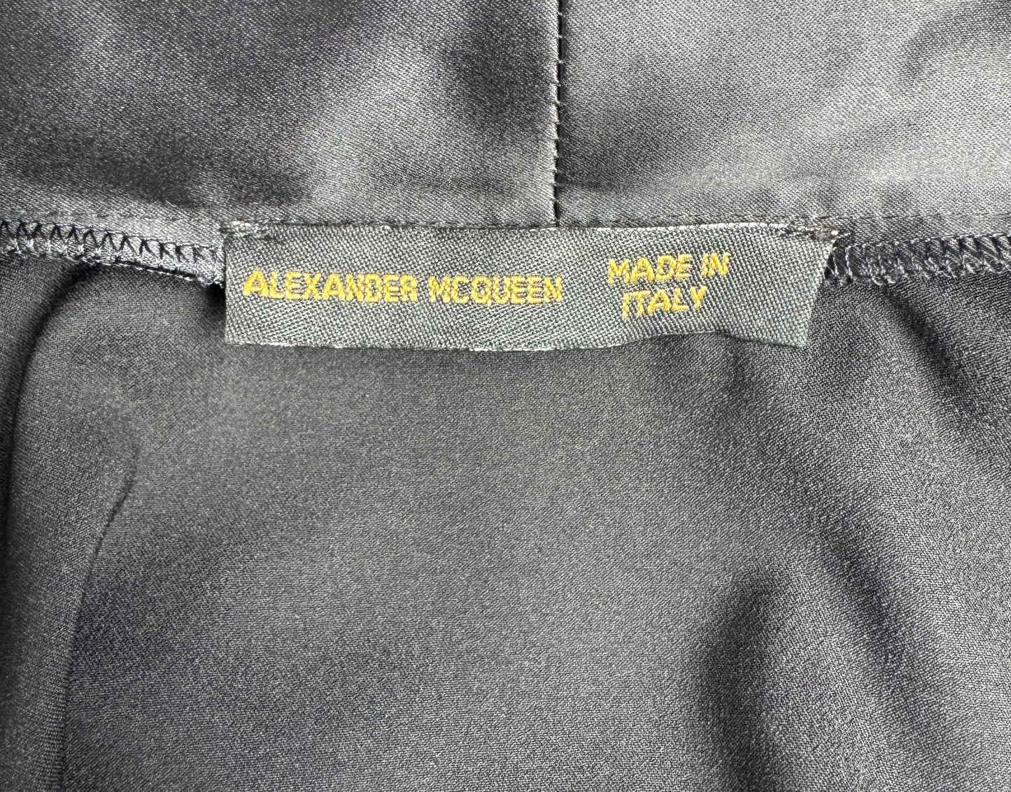 Vintage 1990's Alexander McQueen Black Stretch Satin L/S Plunging Maxi Gown Dress