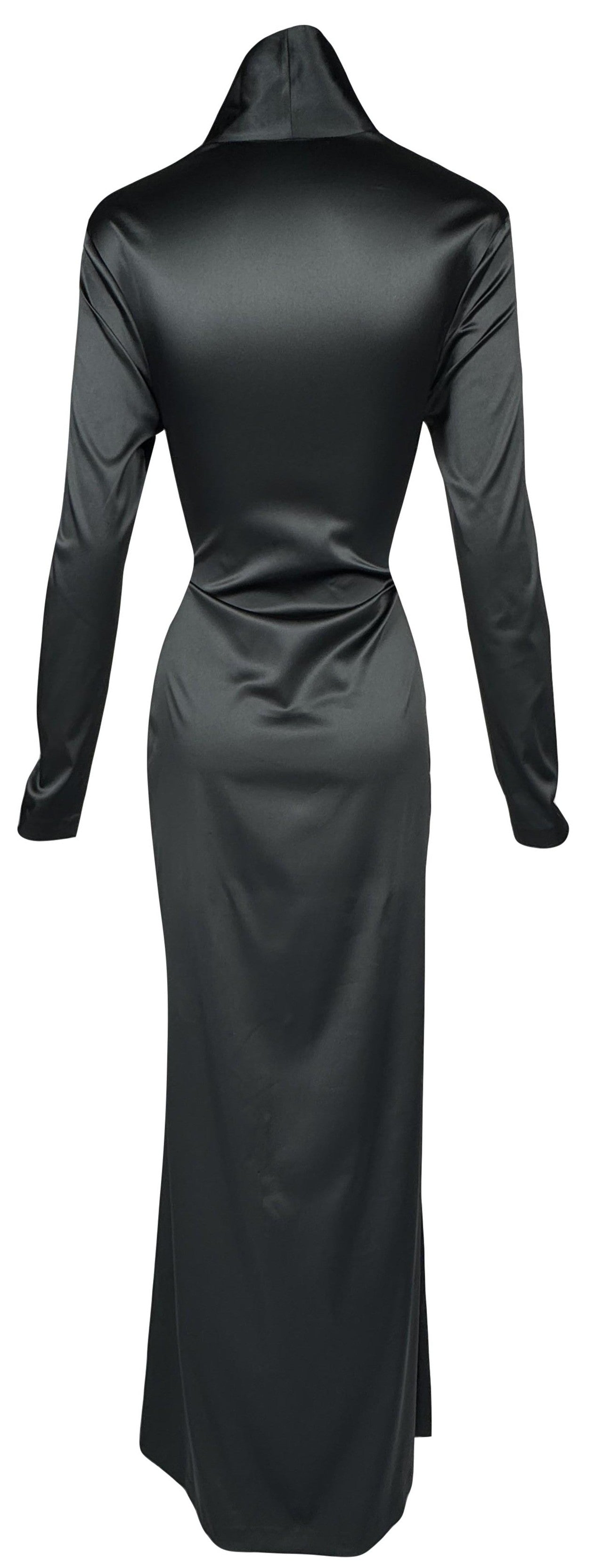 Vintage 1990's Alexander McQueen Black Stretch Satin L/S Plunging Maxi Gown Dress