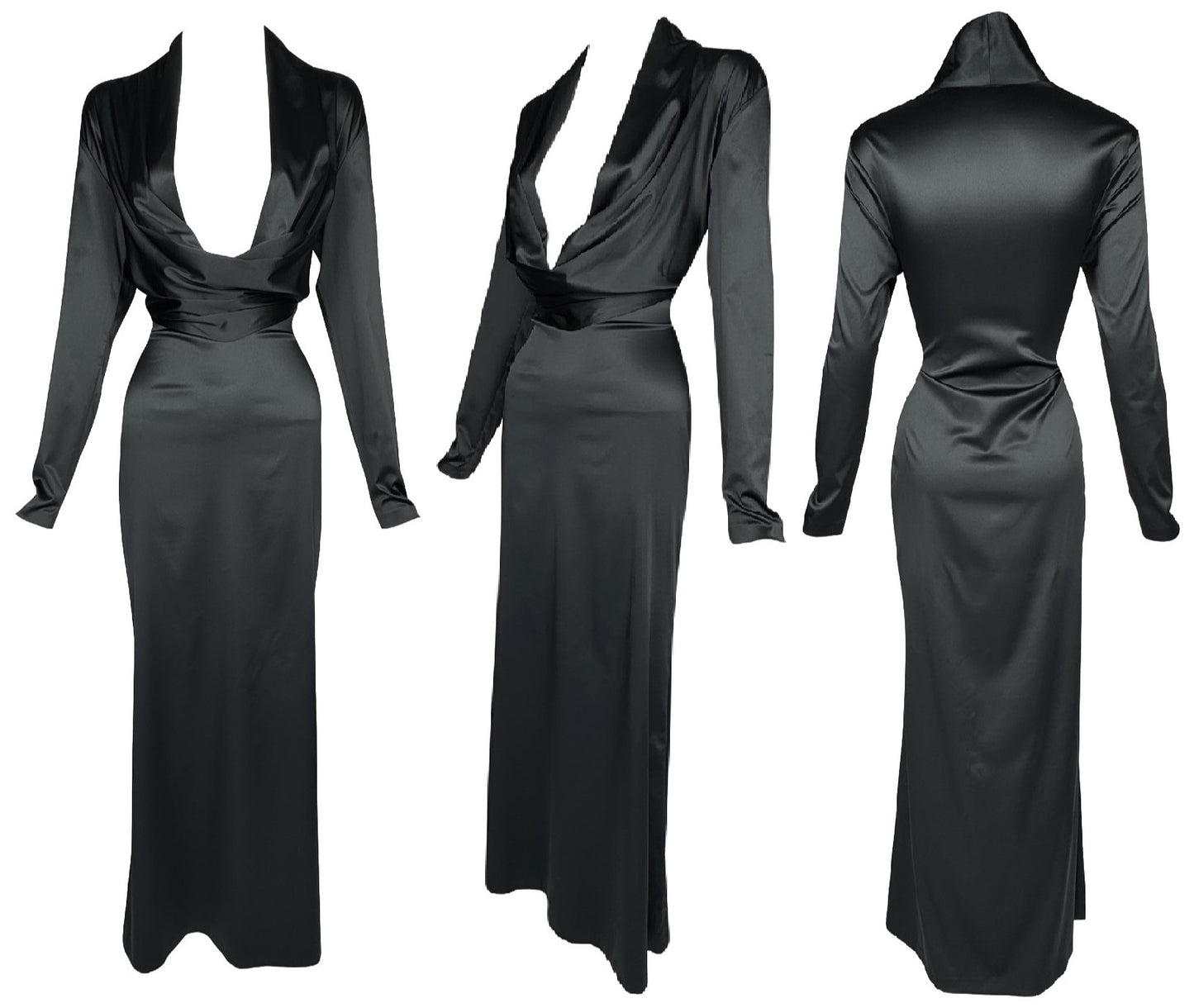 Vintage 1990's Alexander McQueen Black Stretch Satin L/S Plunging Maxi Gown Dress