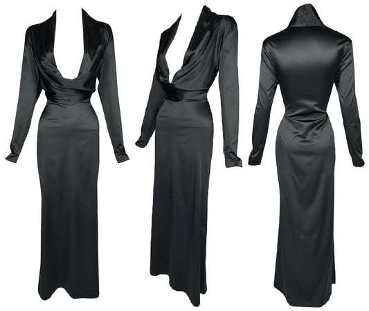 Vintage 1990's Alexander McQueen Black Stretch Satin L/S Plunging Maxi Gown Dress