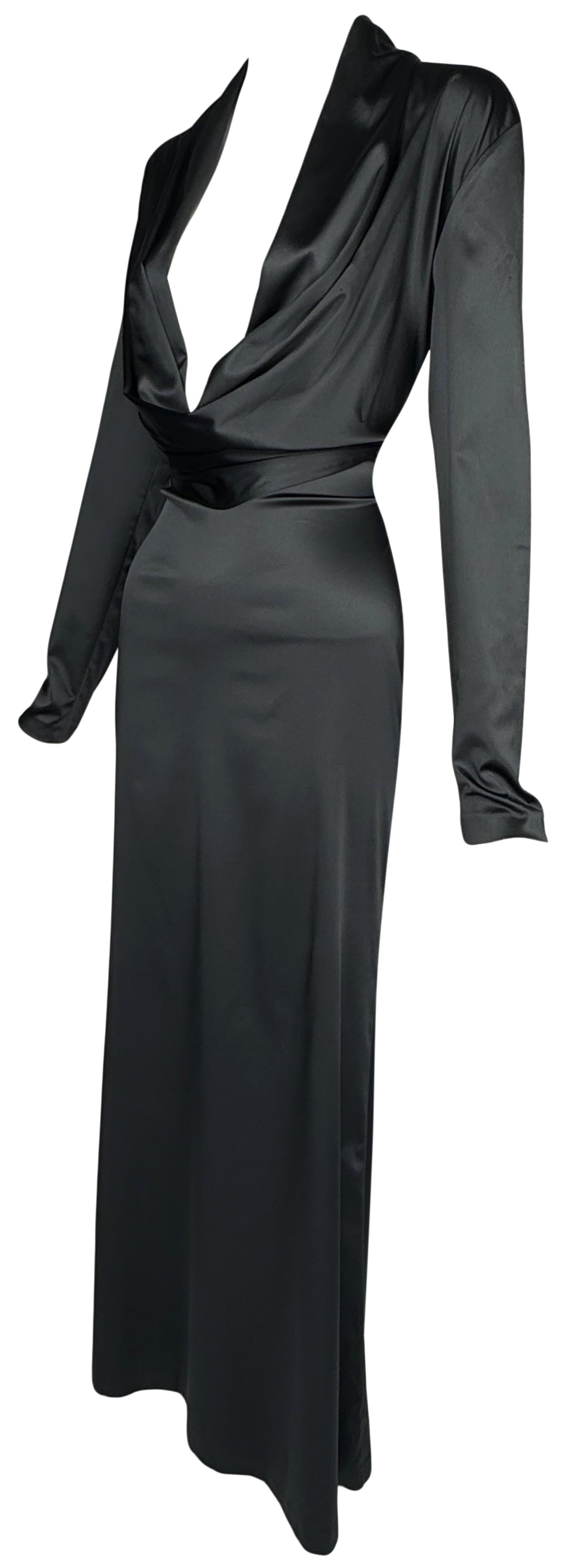 Vintage 1990's Alexander McQueen Black Stretch Satin L/S Plunging Maxi Gown Dress