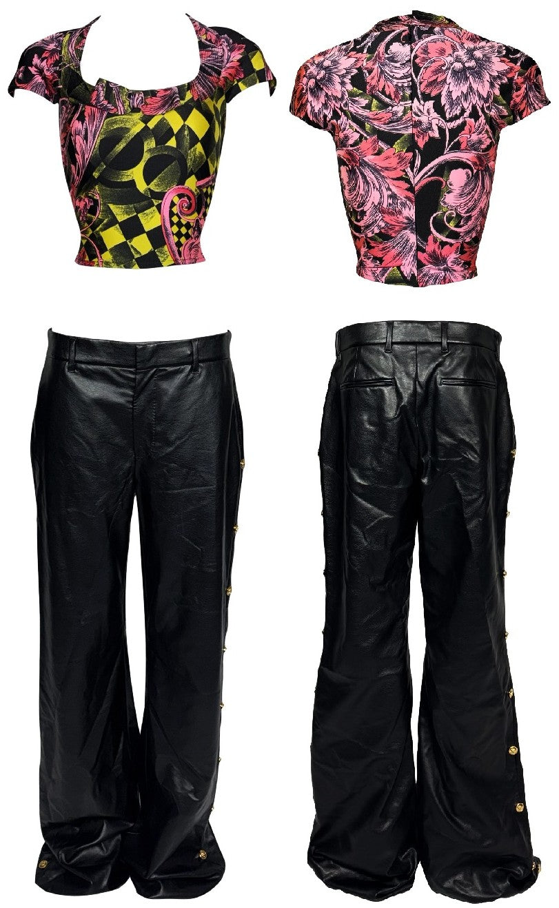 Vintage 1990's Atelier Versace x Gianni Black Leather Studded Baggy Wide Leg Pants & Pink Baroque Crop Top Set