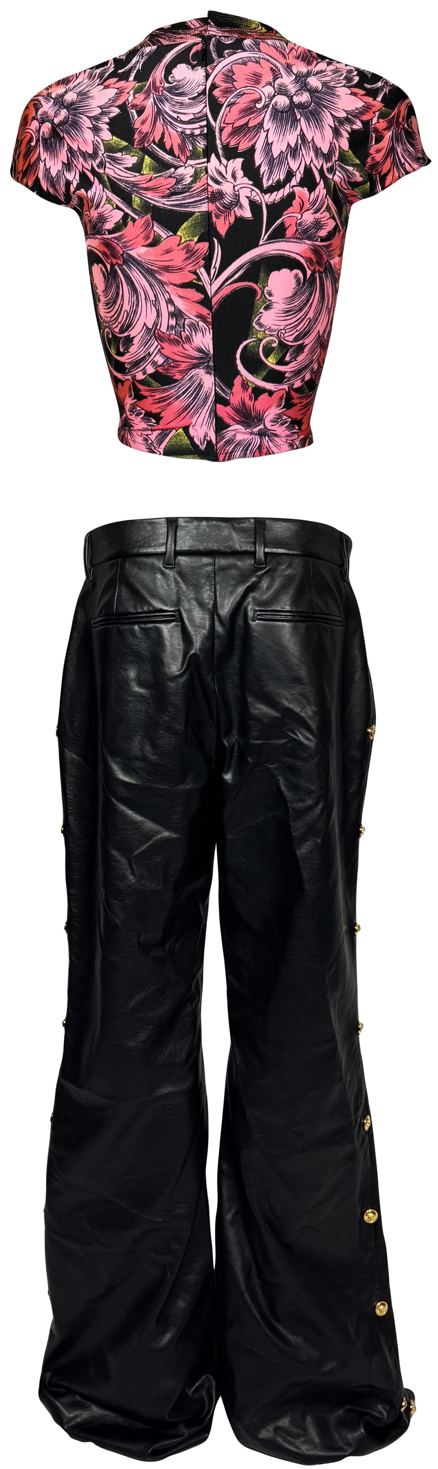 Vintage 1990's Atelier Versace x Gianni Black Leather Studded Baggy Wide Leg Pants & Pink Baroque Crop Top Set