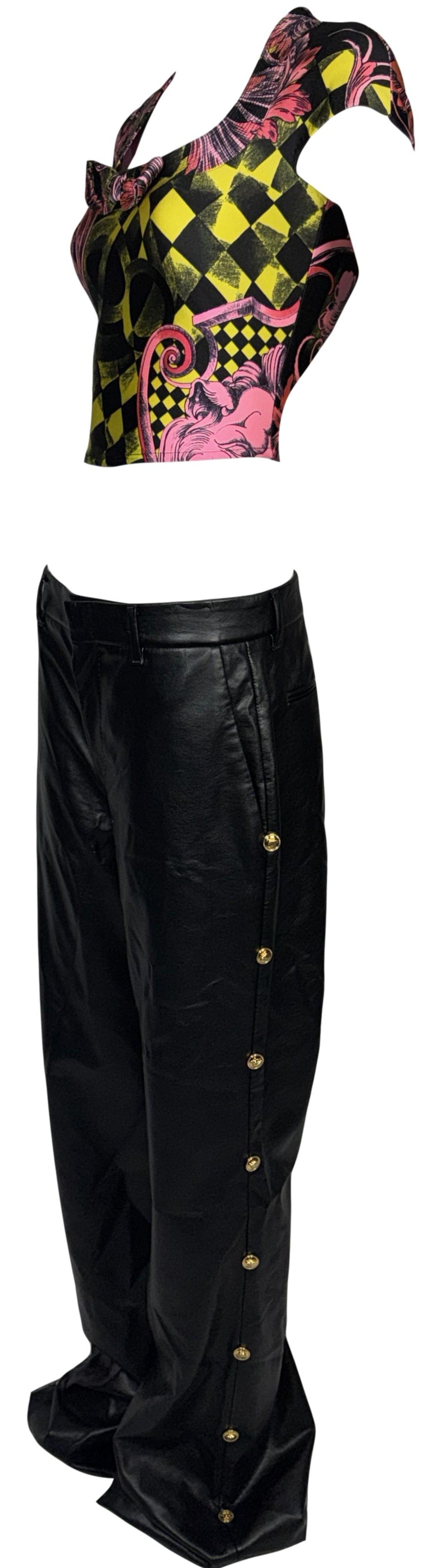 Vintage 1990's Atelier Versace x Gianni Black Leather Studded Baggy Wide Leg Pants & Pink Baroque Crop Top Set