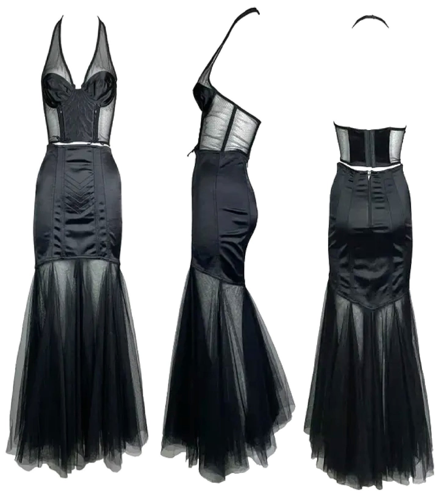 1990's Chantal Thomass Sheer Black Mesh Bustier & Tulle Mermaid Maxi Skirt Set