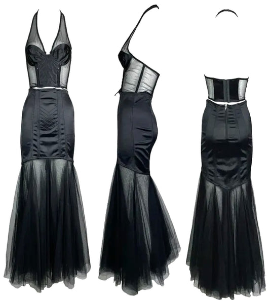 1990's Chantal Thomass Sheer Black Mesh Bustier & Tulle Mermaid Maxi Skirt Set