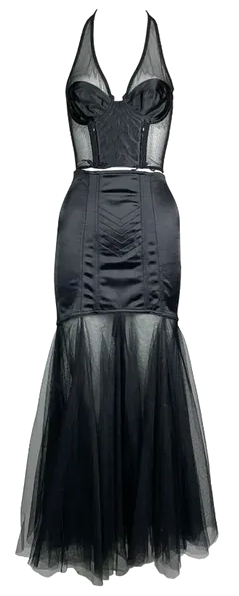 1990's Chantal Thomass Sheer Black Mesh Bustier & Tulle Mermaid Maxi Skirt Set