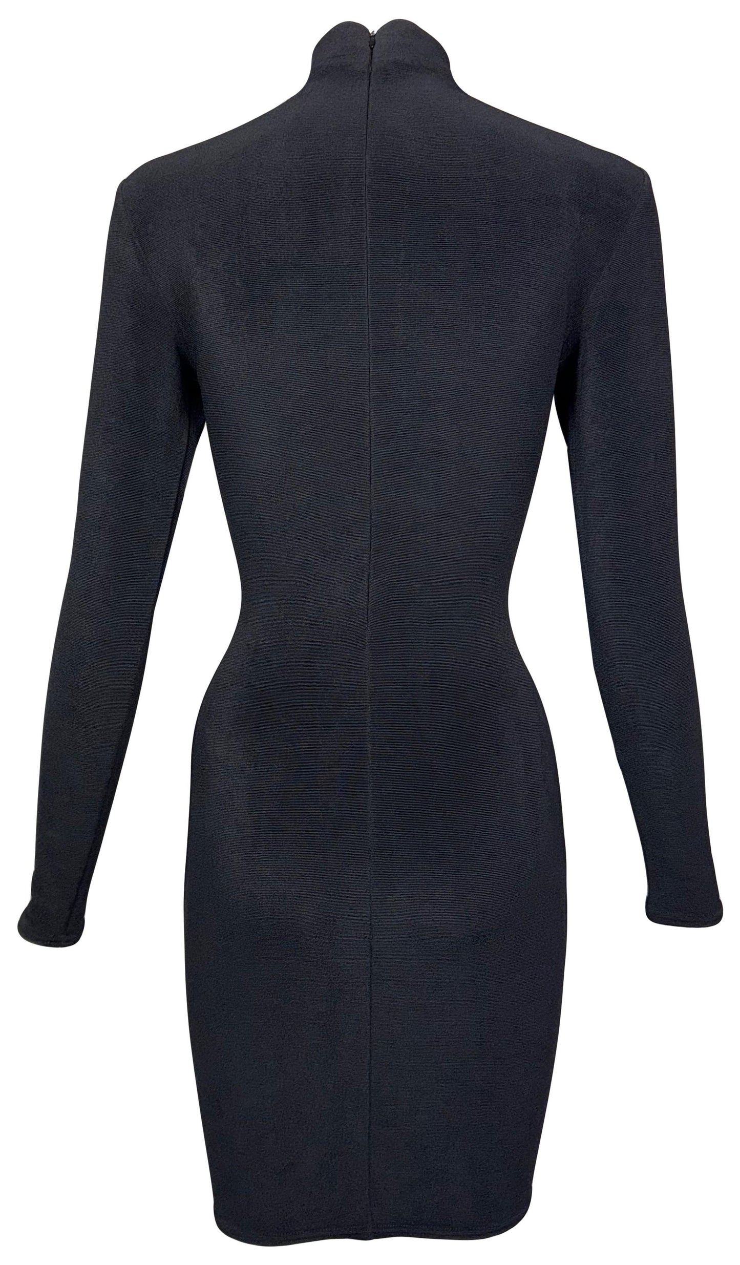 1990's Chantal Thomass Black L/S Bodycon LBD Feather Trim Cut-Out Mini Dress