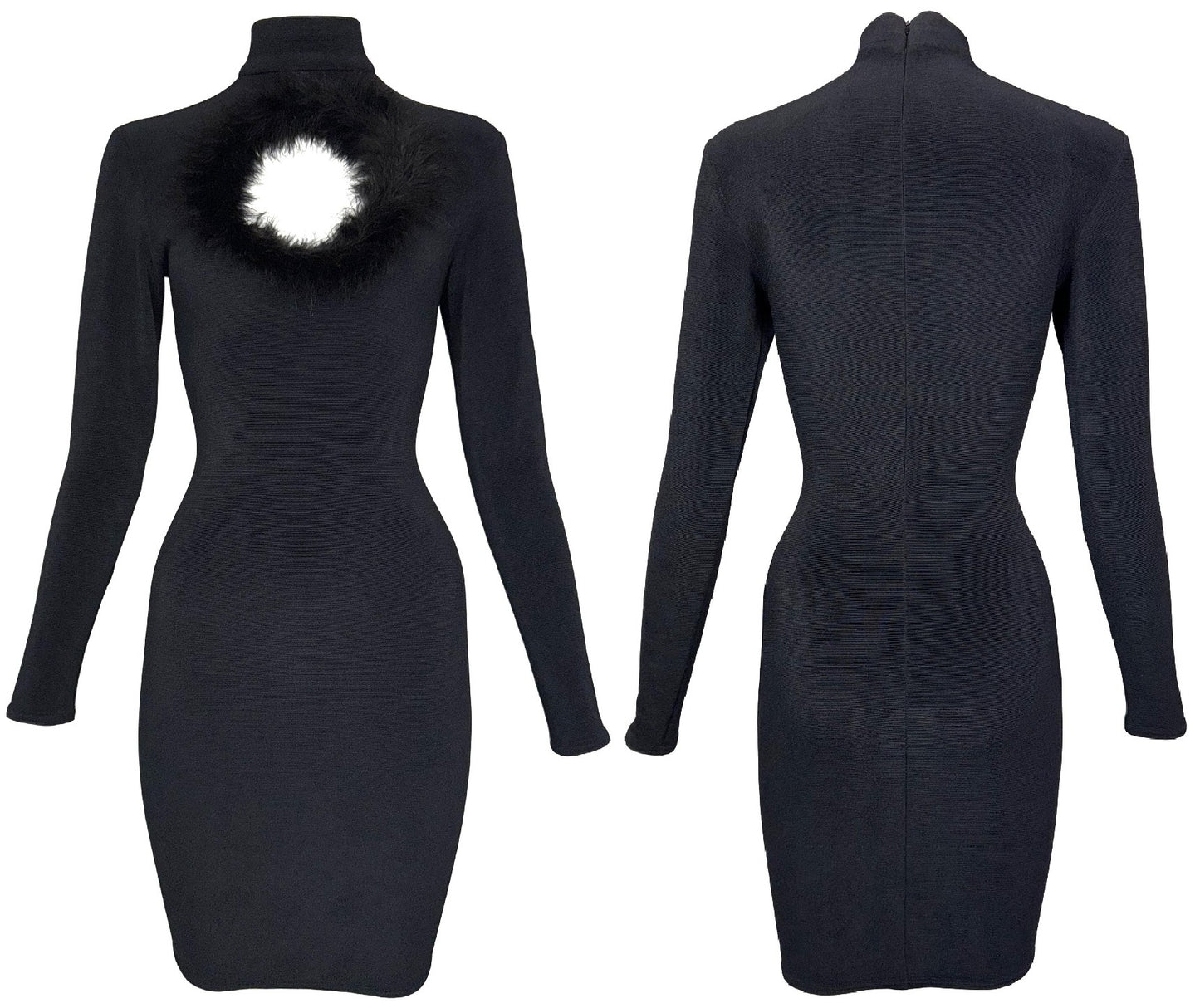 1990's Chantal Thomass Black L/S Bodycon LBD Feather Trim Cut-Out Mini Dress