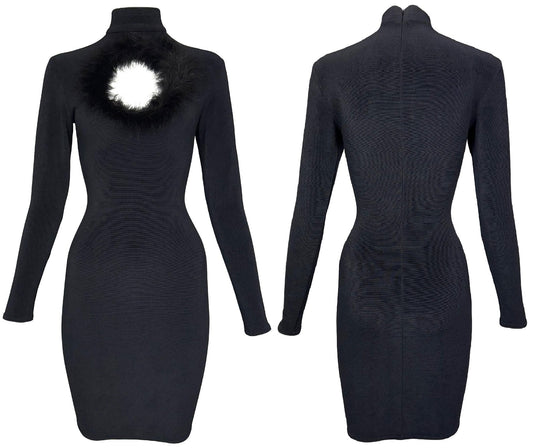 1990's Chantal Thomass Black L/S Bodycon LBD Feather Trim Cut-Out Mini Dress