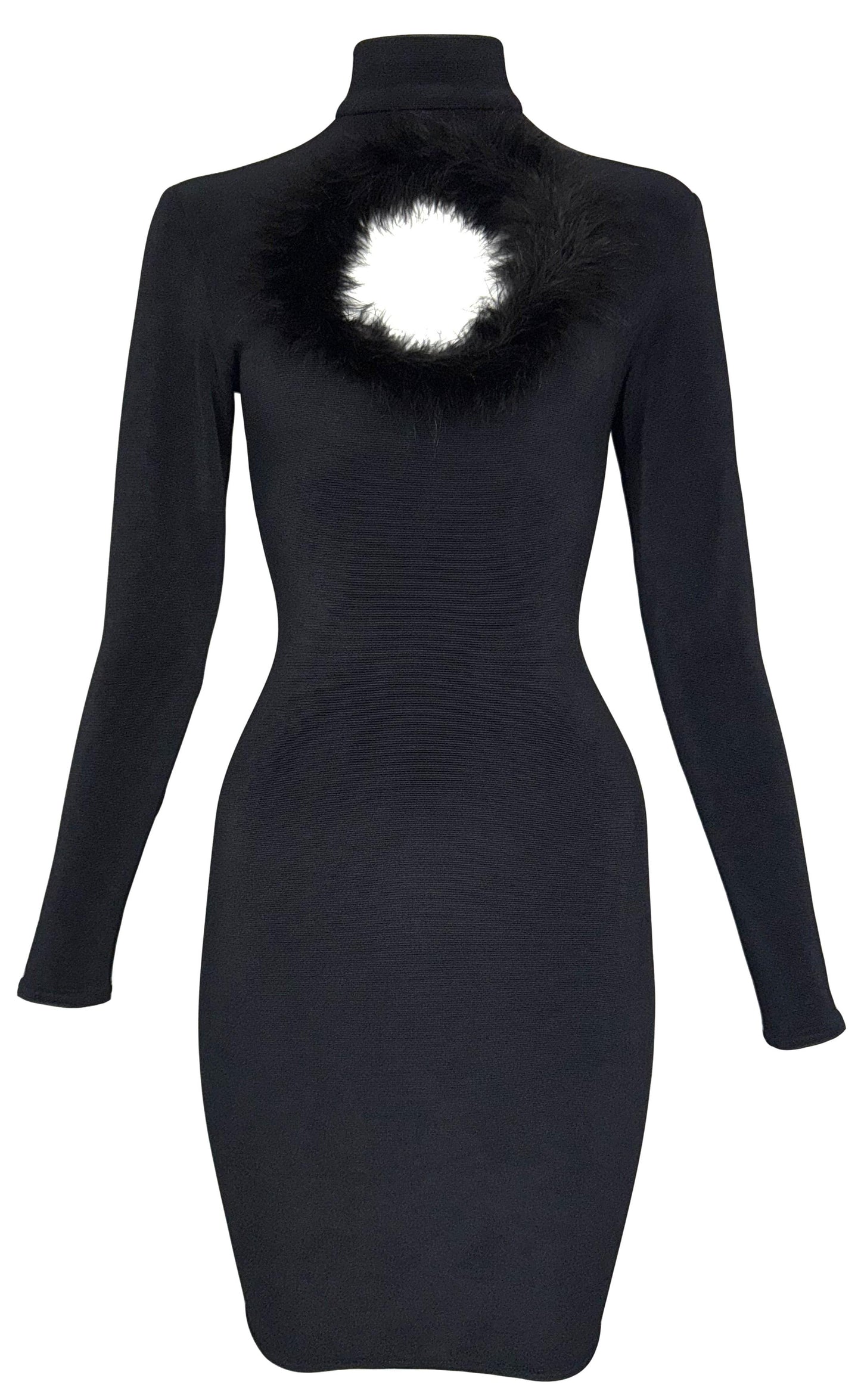 1990's Chantal Thomass Black L/S Bodycon LBD Feather Trim Cut-Out Mini Dress