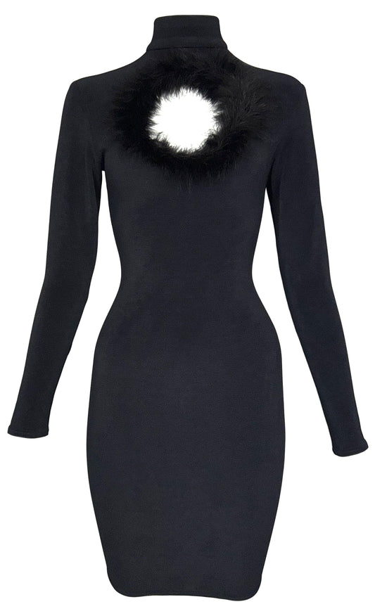 1990's Chantal Thomass Black L/S Bodycon LBD Feather Trim Cut-Out Mini Dress