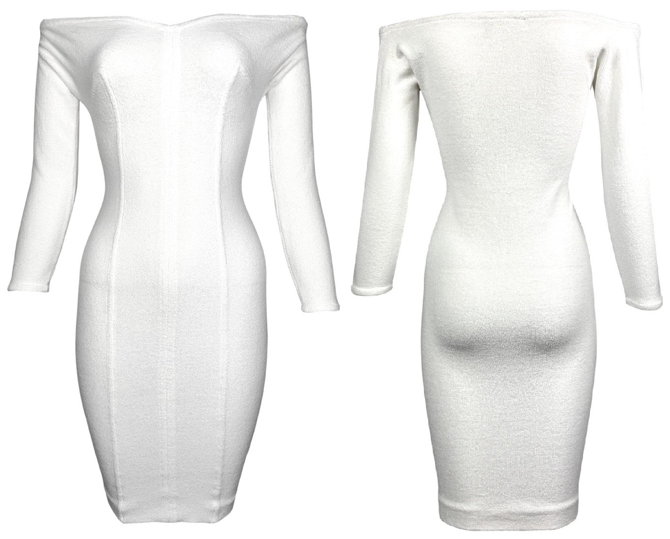 1990's Chantal Thomass SEXY Pin-Up Off Shoulder White L/S Bodycon Terry Wiggle Mini Dress