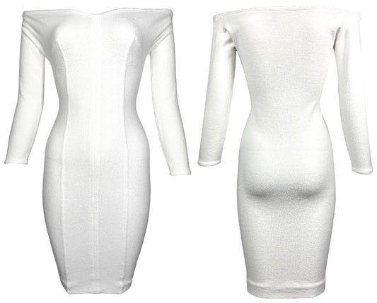 1990's Chantal Thomass SEXY Pin-Up Off Shoulder White L/S Bodycon Terry Wiggle Mini Dress