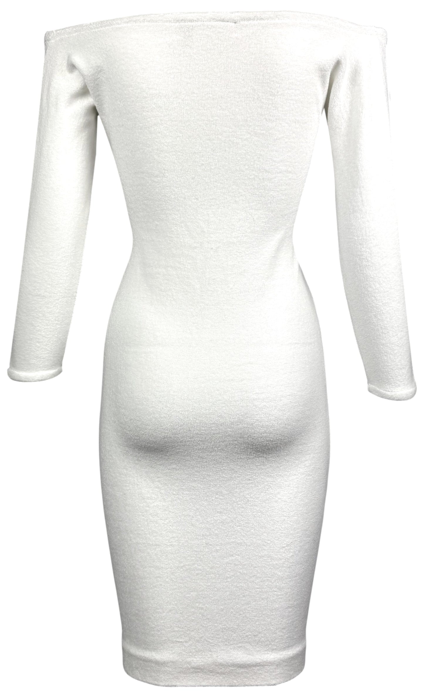 1990's Chantal Thomass SEXY Pin-Up Off Shoulder White L/S Bodycon Terry Wiggle Mini Dress