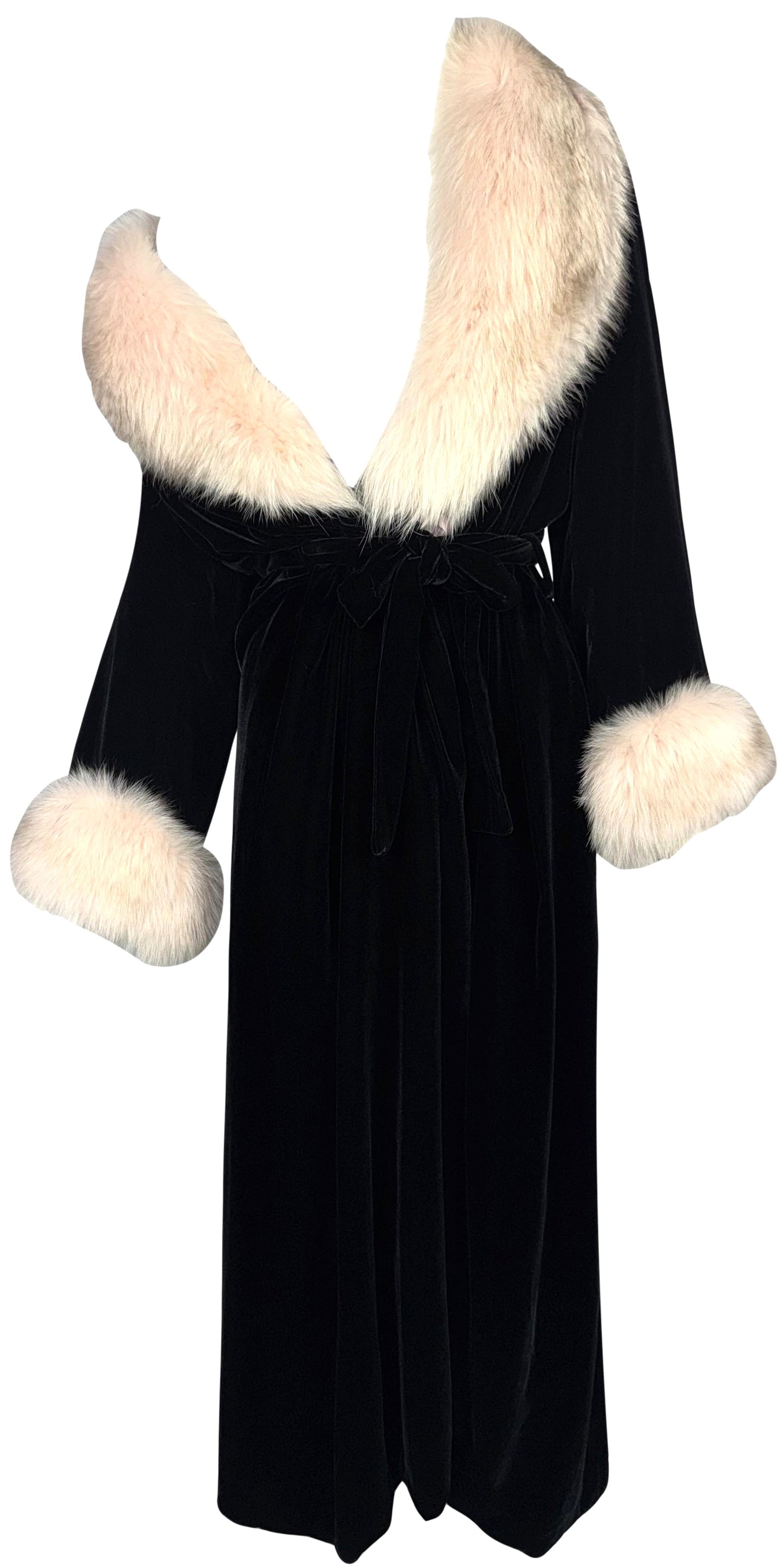 Vintage 1990's Christian Dior Old Hollywood 1940's Style Black Silk Velvet Pink Fox Fur Robe Dress Coat
