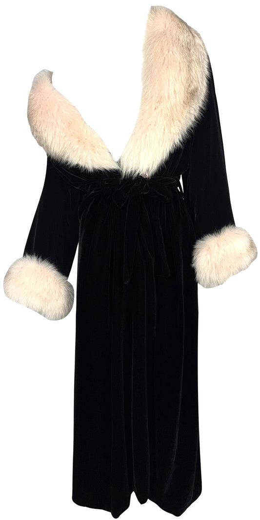 Vintage 1990's Christian Dior Old Hollywood 1940's Style Black Silk Velvet Pink Fox Fur Robe Dress Coat