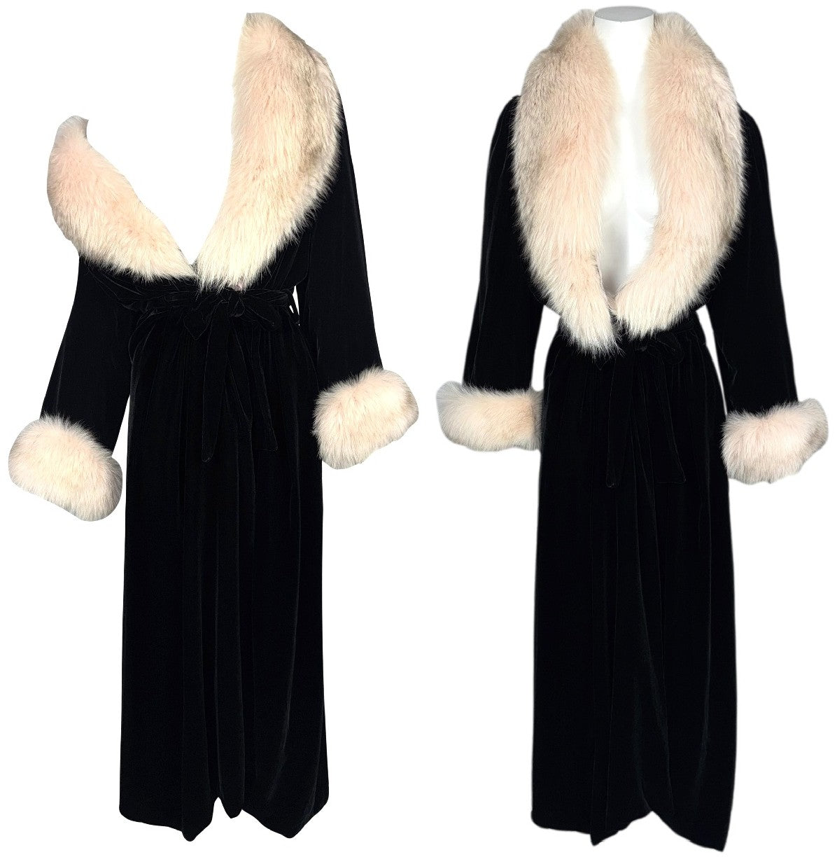 Vintage 1990's Christian Dior Old Hollywood 1940's Style Black Silk Velvet Pink Fox Fur Robe Dress Coat