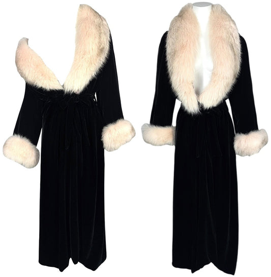 Vintage 1990's Christian Dior Old Hollywood 1940's Style Black Silk Velvet Pink Fox Fur Robe Dress Coat
