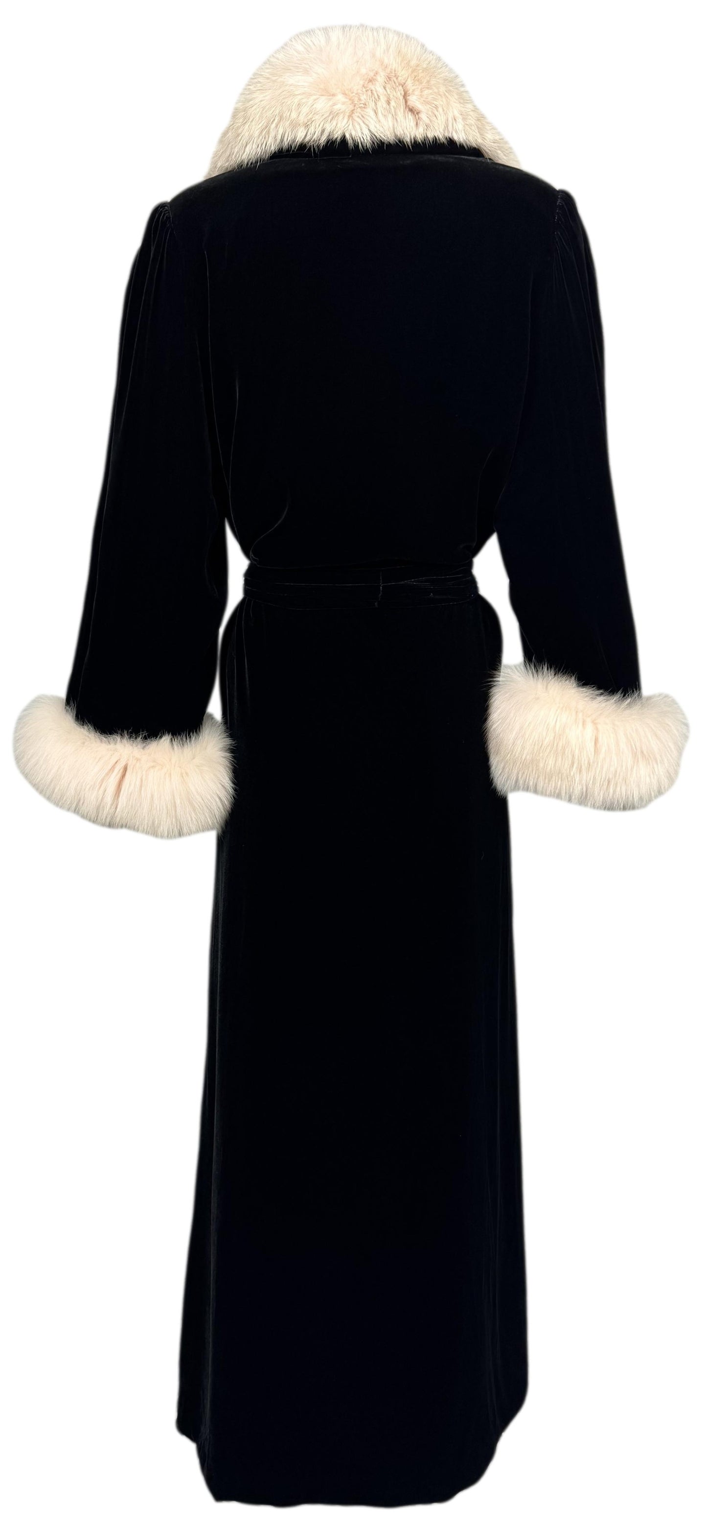 Vintage 1990's Christian Dior Old Hollywood 1940's Style Black Silk Velvet Pink Fox Fur Robe Dress Coat