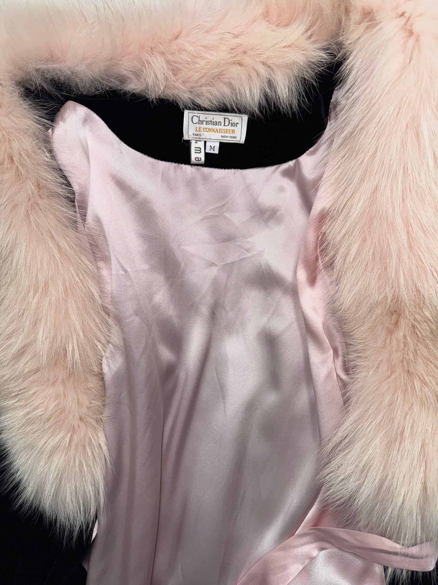 Vintage 1990's Christian Dior Old Hollywood 1940's Style Black Silk Velvet Pink Fox Fur Robe Dress Coat