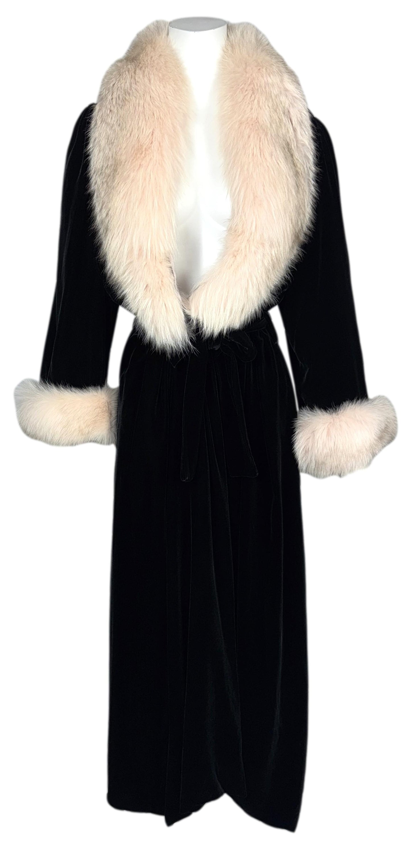Vintage 1990's Christian Dior Old Hollywood 1940's Style Black Silk Velvet Pink Fox Fur Robe Dress Coat