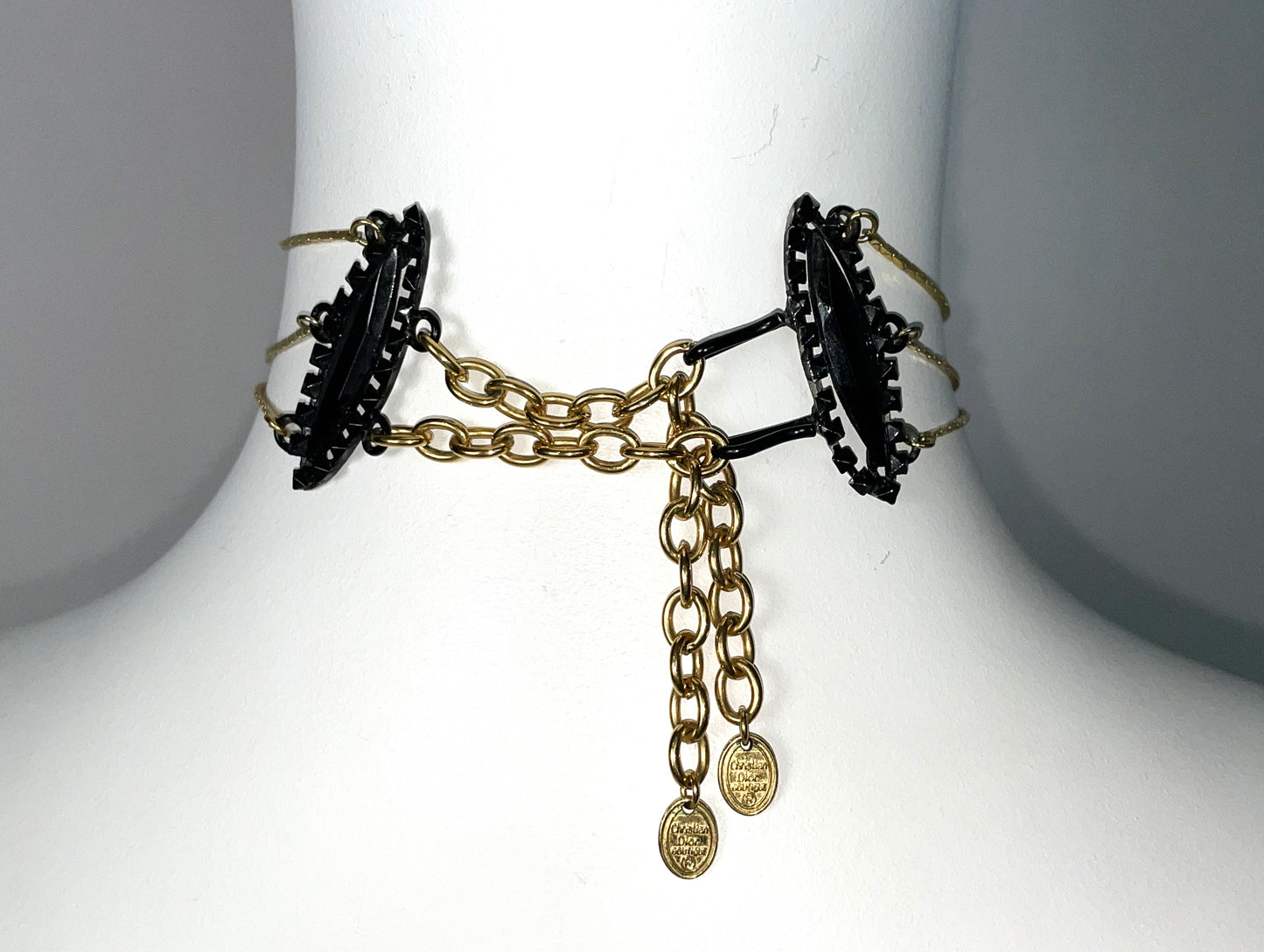 C. 1997 Christian Dior by John Galliano Victorian Goth Queen Large Black Gold Choker Necklace & Earrings