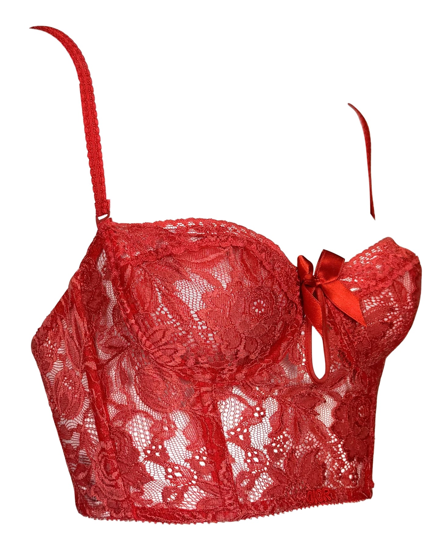Vintage 1990's Christian Dior Sheer Red Lace Lolita Pin-Up Bow Cut-Out Bustier Crop Top