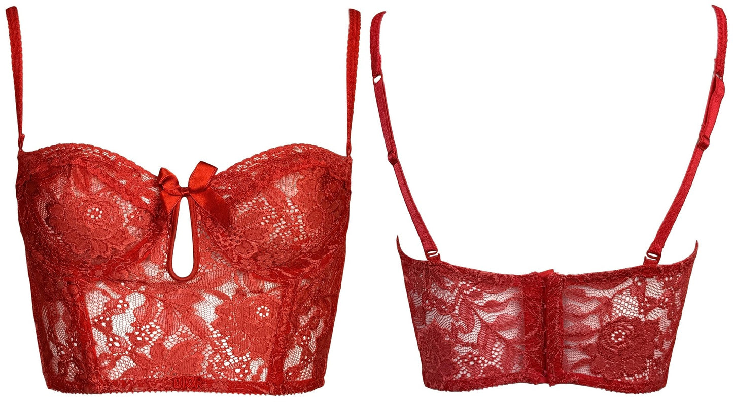 Vintage 1990's Christian Dior Sheer Red Lace Lolita Pin-Up Bow Cut-Out Bustier Crop Top